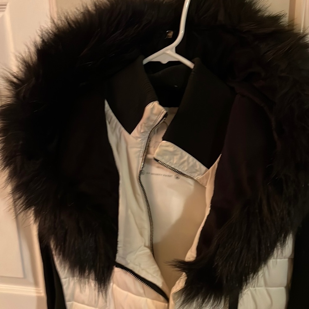 White with black trim knee length Calvin Klein coat